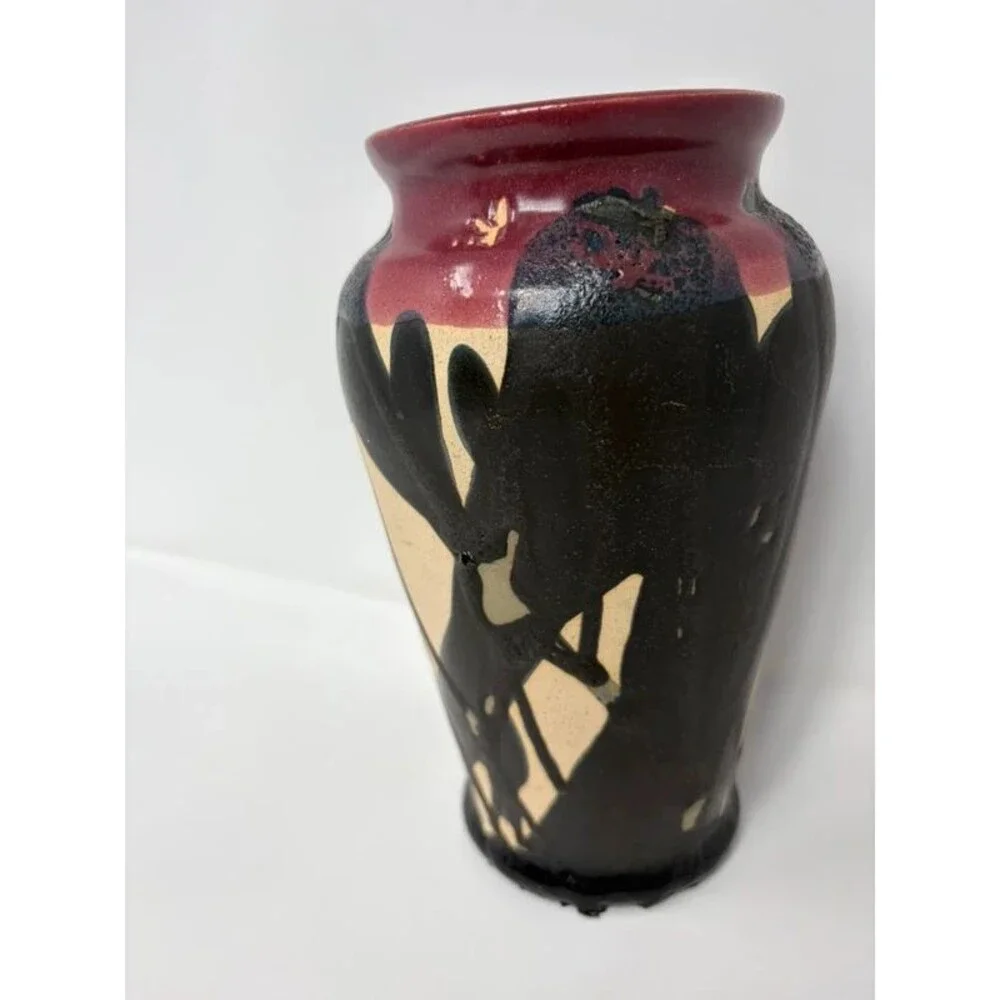 Mid Century Modern Style Art Pottery Vase Black Red Glaze Drip Signed dedicated